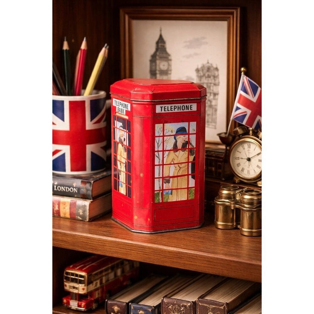 Vintage Red British Telephone Booth Tin Bank Case Manufacturing Made in England